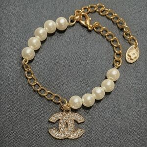 Pearl & Gold Chain Bracelet with Crystal Logo Charm
